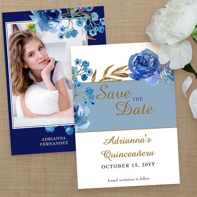 Reserva La Fecha Rosa azul real y hoja de oro Quinceanera Foto (Photo Save the Date from my Rose and Gold Leaf quinceanera collection)