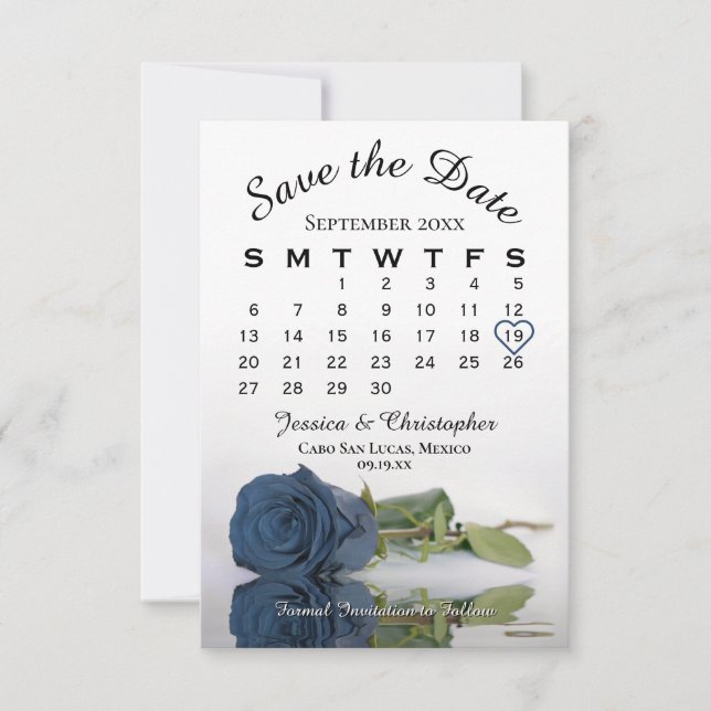 Reserva La Fecha Rosa azul turbio calendario elegante de bodas (Anverso)