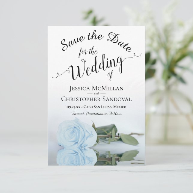 Reserva La Fecha Rosa azul turbio reflectante Boda romántico (Anverso de pie)