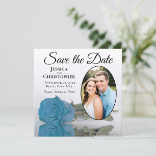 Reserva La Fecha Rosa azul turquesa en foto oval blanca de boda