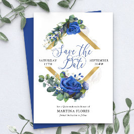 Reserva La Fecha Rosa azul y eucalipto Quinceanera elegante