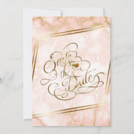 Reserva La Fecha Rosa boda y caligrafía ornada de mármol dorado
