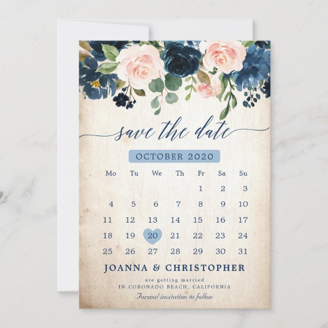 Reserva La Fecha Rosa Botánica Azul Marino Rosa Beige Save the Date (Anverso)