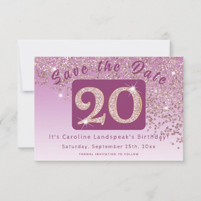 Reserva La Fecha Rosa brillante Purpurina de oro por 20 años (Anverso)