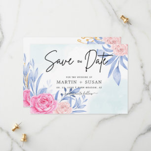 Reserva La Fecha Rosa de acuarela Boda de hojas azules rosadas nubl