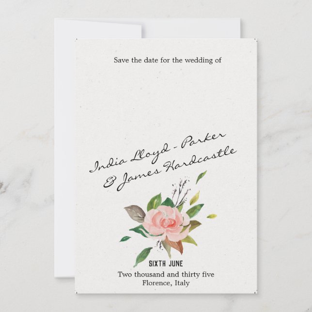 Reserva La Fecha Rosa de acuarela y boda floral follaje (Anverso)