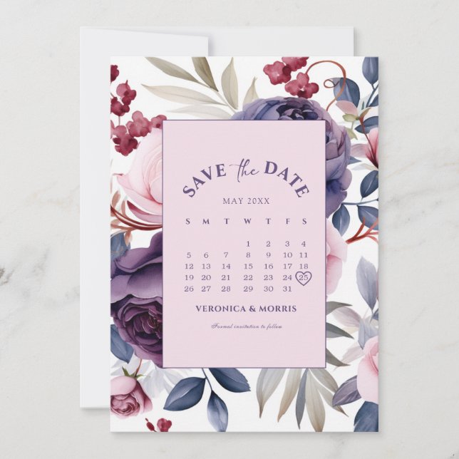 Reserva La Fecha Rosa de boda de calendario floral con polvo (Anverso)