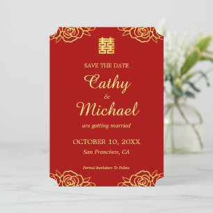 Reserva La Fecha Rosa de papeleo floral boda chino rojo y dorado