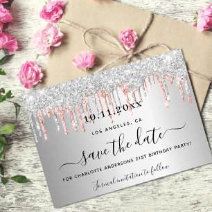 Reserva La Fecha Rosa de plata de cumpleaños goteo de purpurinas de