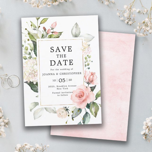 Reserva La Fecha Rosa de Rubor rosa Pastel Boda Botánico Floral (Pastel pink blush rose floral save the date card)