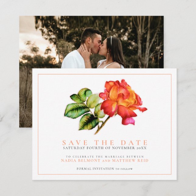 Reserva La Fecha Rosa de té a rayas acuarela naranja foto boda (Anverso / Reverso)