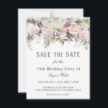 Reserva La Fecha Rosa de verano Floral 75º cumpleaños Guardar la fe<br><div class="desc">Envíe Guardar las tarjetas de fecha para que sus invitados puedan planificar su fiesta o evento. Se muestra aquí para una fiesta de cumpleaños número 75, puedes personalizar este texto sin importar lo que elijas. Las bonitas rosas rosas rosas y las flores de jardín mezcladas hacen que este diseño sea...</div>