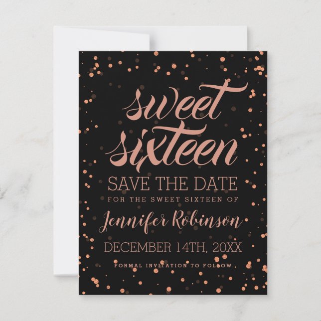 Reserva La Fecha Rosa Dorado Blac Sweet 16 Save Date Sparkle Confet (Anverso)