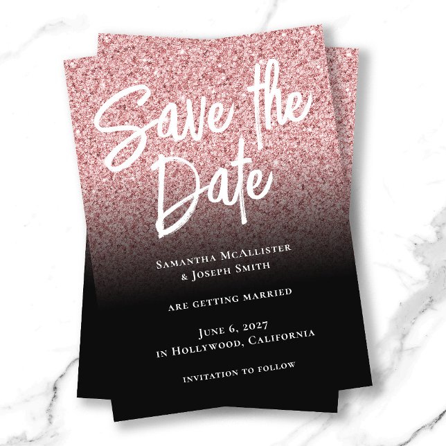 Reserva La Fecha Rosa Dorado Glitter Ombre Negro (Pink Rose Gold Glitter Black Ombre Save The Date)