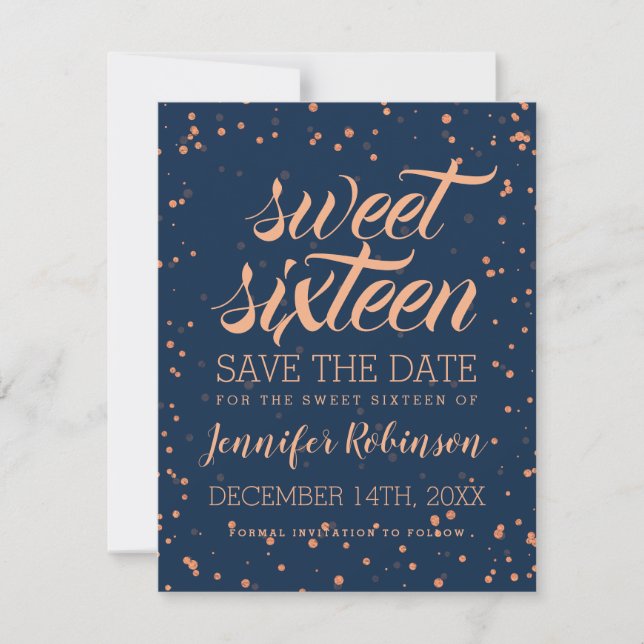 Reserva La Fecha Rosa Dorado Navy Sweet 16 Save Date Confetti (Anverso)