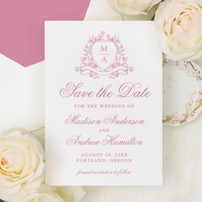 Reserva La Fecha Rosa elegante Escudo floral de cuarzo Boda Monogra (Subido por el creador)