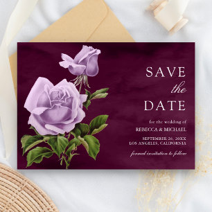 Reserva La Fecha Rosa Floral Ciruela Polvo Púrpura Rústica Boda