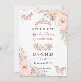 Reserva La Fecha Rosa floral de Rubor Gold Quinceanera Mariposas
