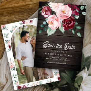Reserva La Fecha Rosa Floral Fotografía Madera Boda Borgoña