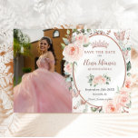 Reserva La Fecha Rosa floral Rubor Mariposas de oro Quinceañera<br><div class="desc">Personalice esta elegante imagen de rosa floral de color ruidoso de Quinceañera / dulce de 16 años, ahorre la fecha fácil y rápidamente. Simplemente haga clic en el botón personalizar para editar los textos, cambiar las fuentes y los colores de las fuentes. Con exquisitos acuarelas, flores, mariposas y un espacio...</div>