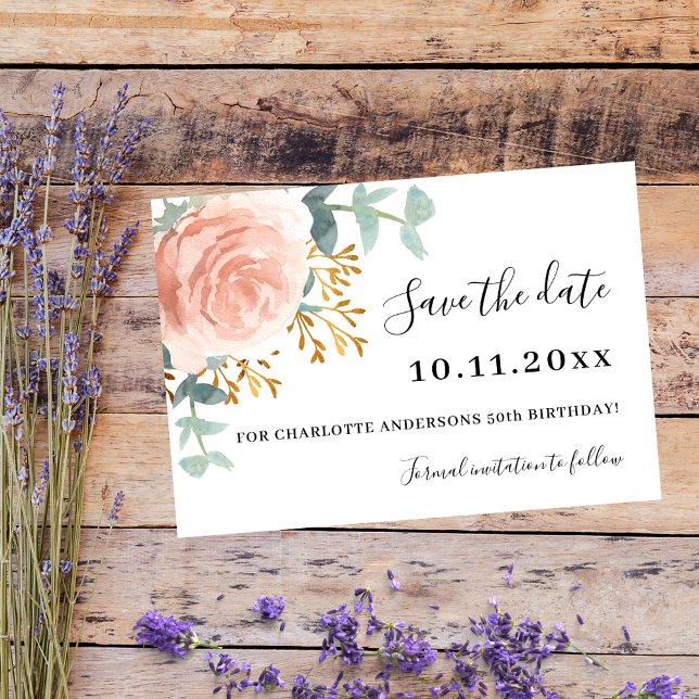 Reserva La Fecha Rosa florals de oro cumpleaños verde Save the Date (Subido por el creador)