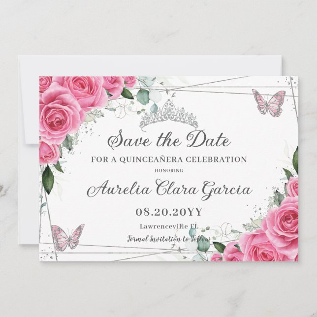 Reserva La Fecha Rosa Fuchsia Floral Plateado Quinceañera XV Dulces (Anverso)
