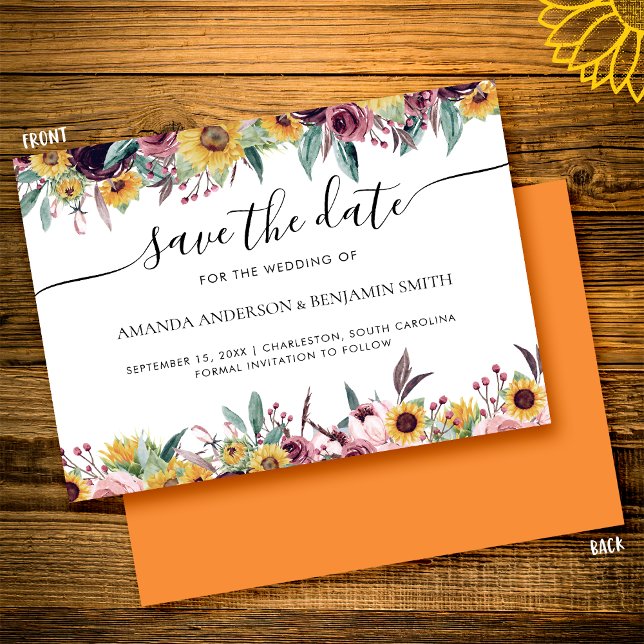 Reserva La Fecha Rosa Girasol Borgoña Rústico Otoño Floral Boda (Subido por el creador)