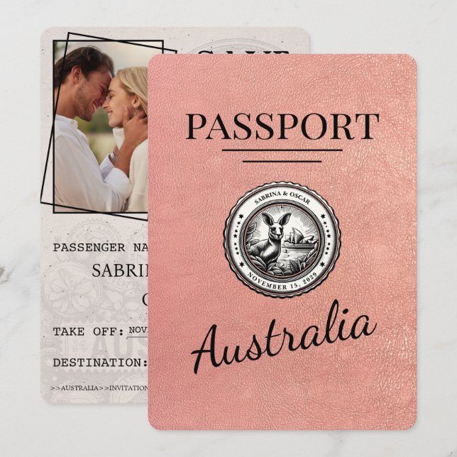 Reserva La Fecha Rosa Gold Australia Passport Save the Date (Anverso / Reverso)