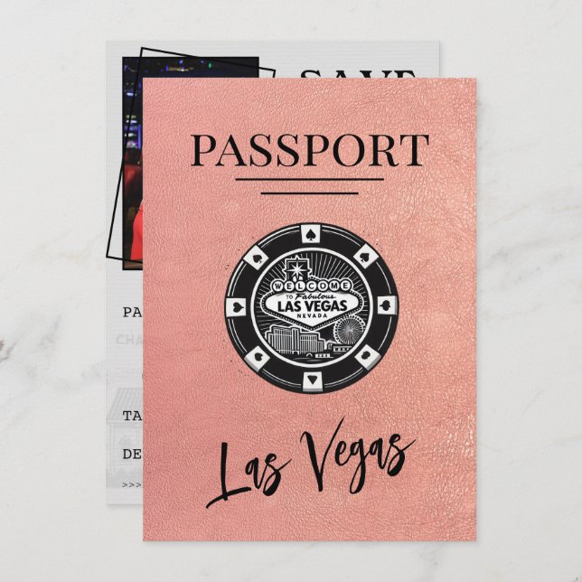 Reserva La Fecha Rosa Gold Las Vegas Passport Save The Date (Anverso / Reverso)