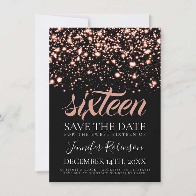Reserva La Fecha Rosa Gold Midnight Glam Sweet 16 Birthday Party (Anverso)