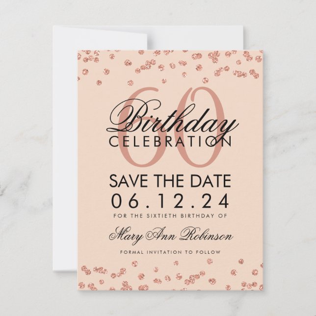 Reserva La Fecha Rosa Gold Rubor 60th Birthday Save Date Confetti (Anverso)