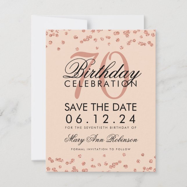 Reserva La Fecha Rosa Gold Rubor 70th Birthday Save Date Confetti (Anverso)