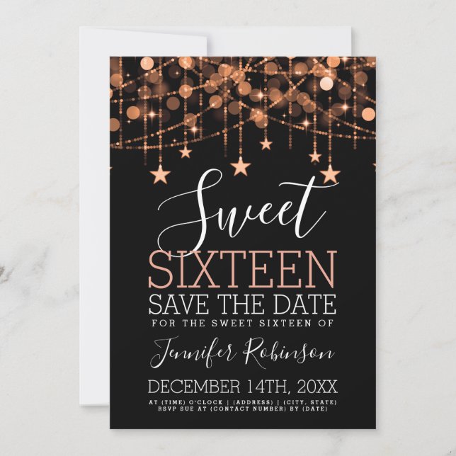Reserva La Fecha Rosa Gold Sweet 16 Sparkly String Lights Save Date (Anverso)
