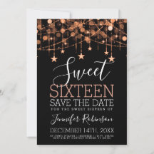 Rosa Gold Sweet 16 Sparkly String Lights Save Date