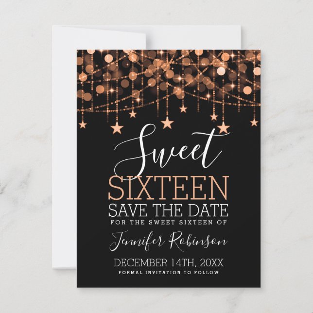 Reserva La Fecha Rosa Gold Sweet 16 Sparkly String Lights Save Date (Anverso)