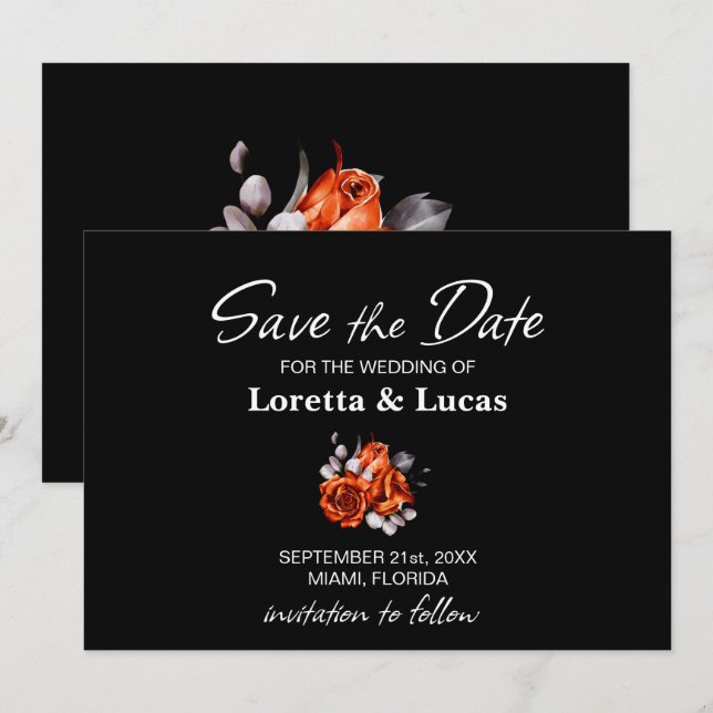 Reserva La Fecha Rosa Naranja quemado Boda negro floral (Anverso / Reverso)