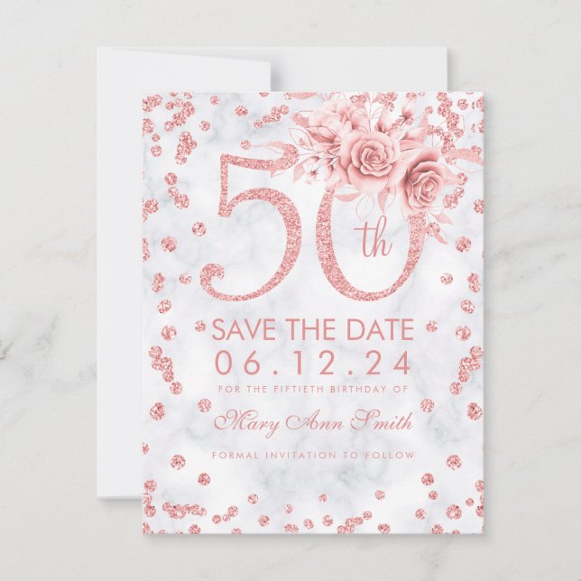 Reserva La Fecha Rosa Oro 50 cumpleaños Glam Marble (Anverso)