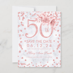 Reserva La Fecha Rosa Oro 50 cumpleaños Glam Marble