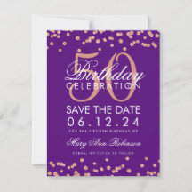 Rosa Oro 50 cumpleaños Save Date Confetti Purple