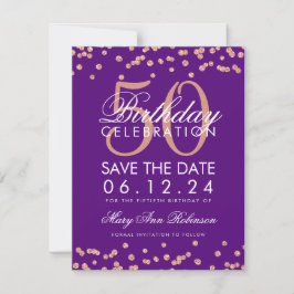 Reserva La Fecha Rosa Oro 50 cumpleaños Save Date Confetti Purple