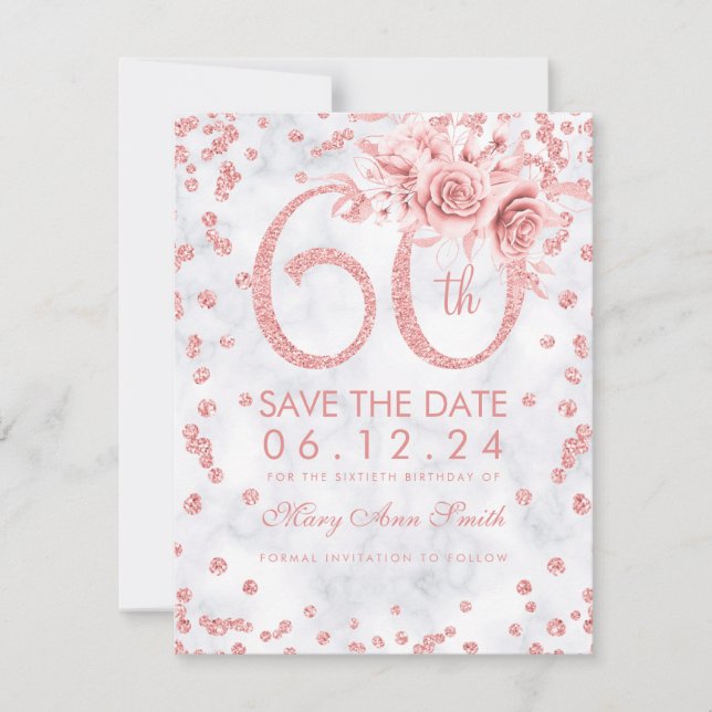 Reserva La Fecha Rosa Oro 60 cumpleaños Glam Marble Salven la fecha (Anverso)
