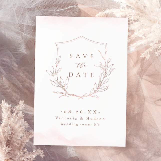 Reserva La Fecha Rosa oro simple elegancia escudo botánico boda (Rose gold simple elegance botanical crest wedding save the date)