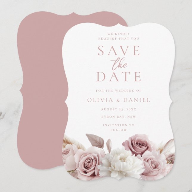 Reserva La Fecha Rosa Polvo y Rosas Blush para Bodas de Todas las E (Anverso / Reverso)
