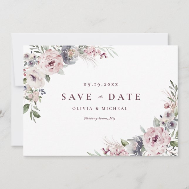 Reserva La Fecha Rosa polvoriento rústico boho floral save the date (Anverso)
