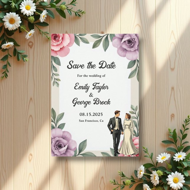 Reserva La Fecha Rosa Púrpura Pareja Boda Floral acuarela (Subido por el creador)