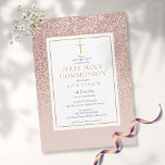 Reserva La Fecha Rosa Purpurina Oro Primera Santa Comunión<br><div class="desc">Con un elegante purpurina de oro rosa sombrío y un elegante crucifijo de oro,  esta moda primera comunión sagrada salvo la invitación a la fecha puede ser personalizada con su información especial. Diseñado por Thisisnotme©</div>