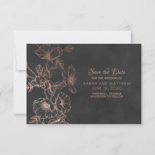 Reserva La Fecha Rosa Relieve metalizado dorado Boda Floral Guardar (Anverso)