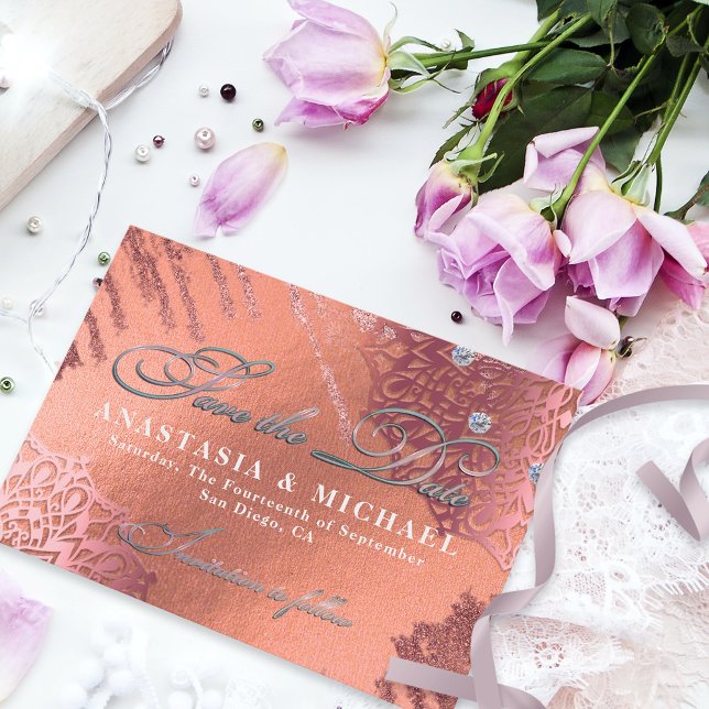 Reserva La Fecha Rosa Relieve metalizado dorado Lujo Glam Elegante  (Subido por el creador)