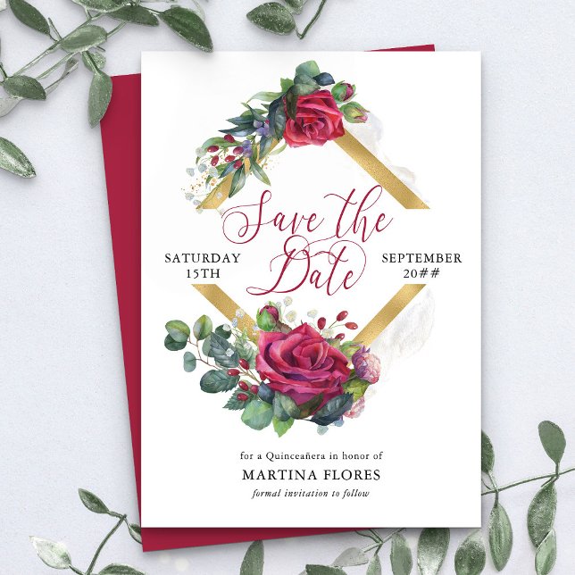 Reserva La Fecha Rosa Roja y Eucalipto Elegante Quinceanera (Save the Date card from my Rose and Eucalyptus Quinceanera collection)