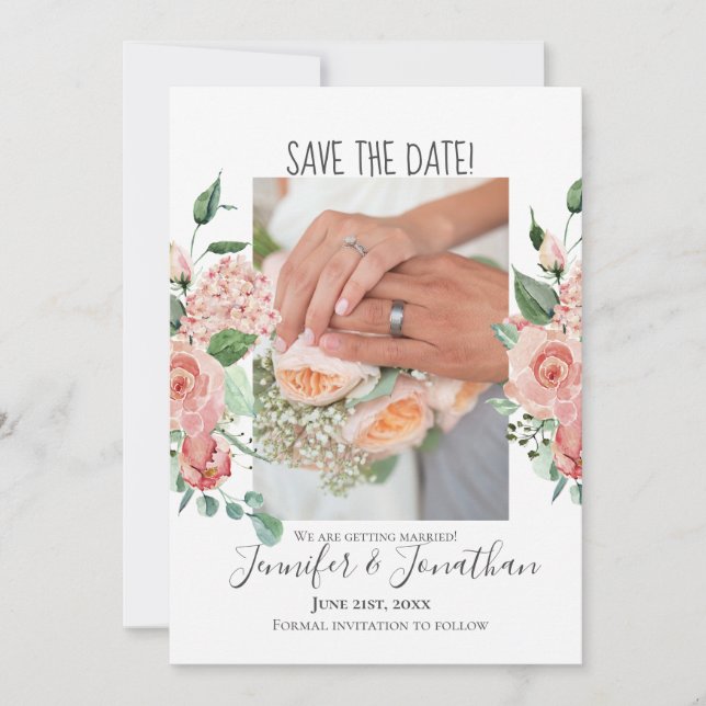 Reserva La Fecha Rosa rosa contemporáneo tu foto, salva la fecha (Anverso)